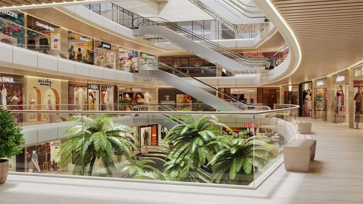 Render of the multi-level retail atrium at Aarone Oasis